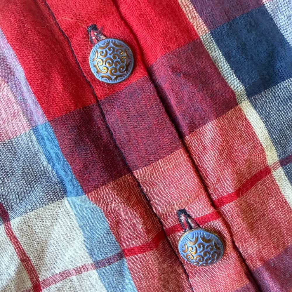 Aratta Silent Journey Button Down Women M Red Gingham Floral Embroidered Back - Picture 7 of 16